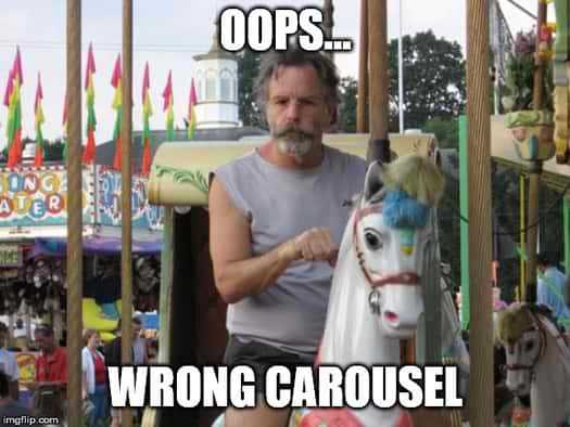 Meme of man sitting on horse of a carousel, indicating the topic is actually about the library slick carousel and not a real carousel