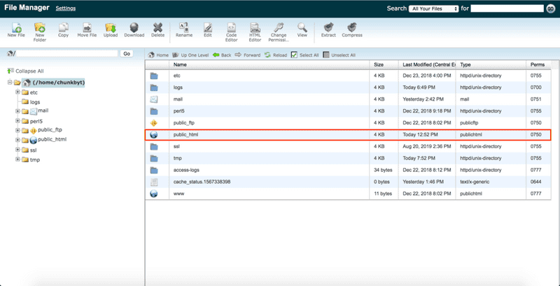 A screenshot of the cPanel File Manager, showing the home directory.