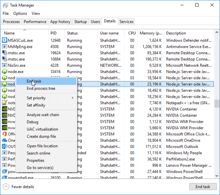 Task manager in Windows