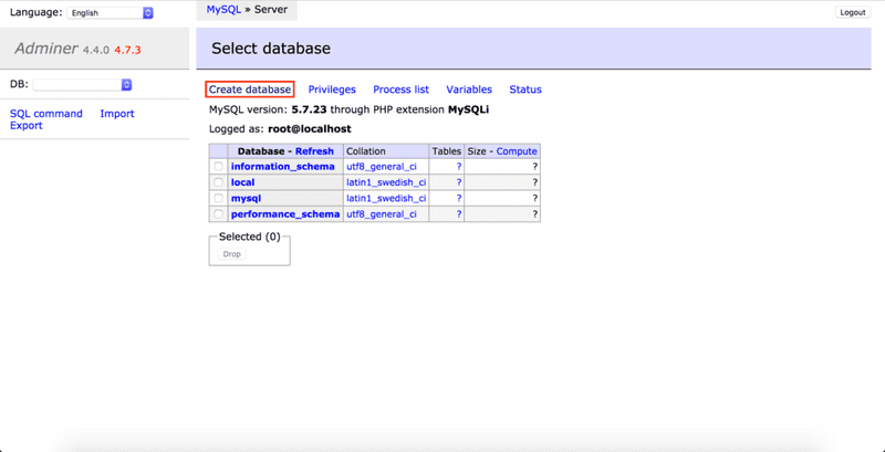 A screenshot of adminer, a database manager, of a local WordPress site. It shows an overview of all the databases.