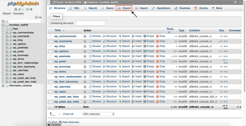 A screenshot of a phpMyAdmin interface with a database selected.