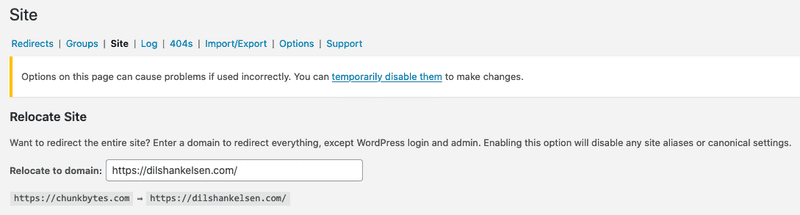 Site option of the Redirection WP plugin