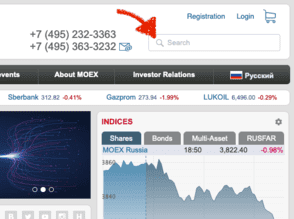 Search bar on MOEX website